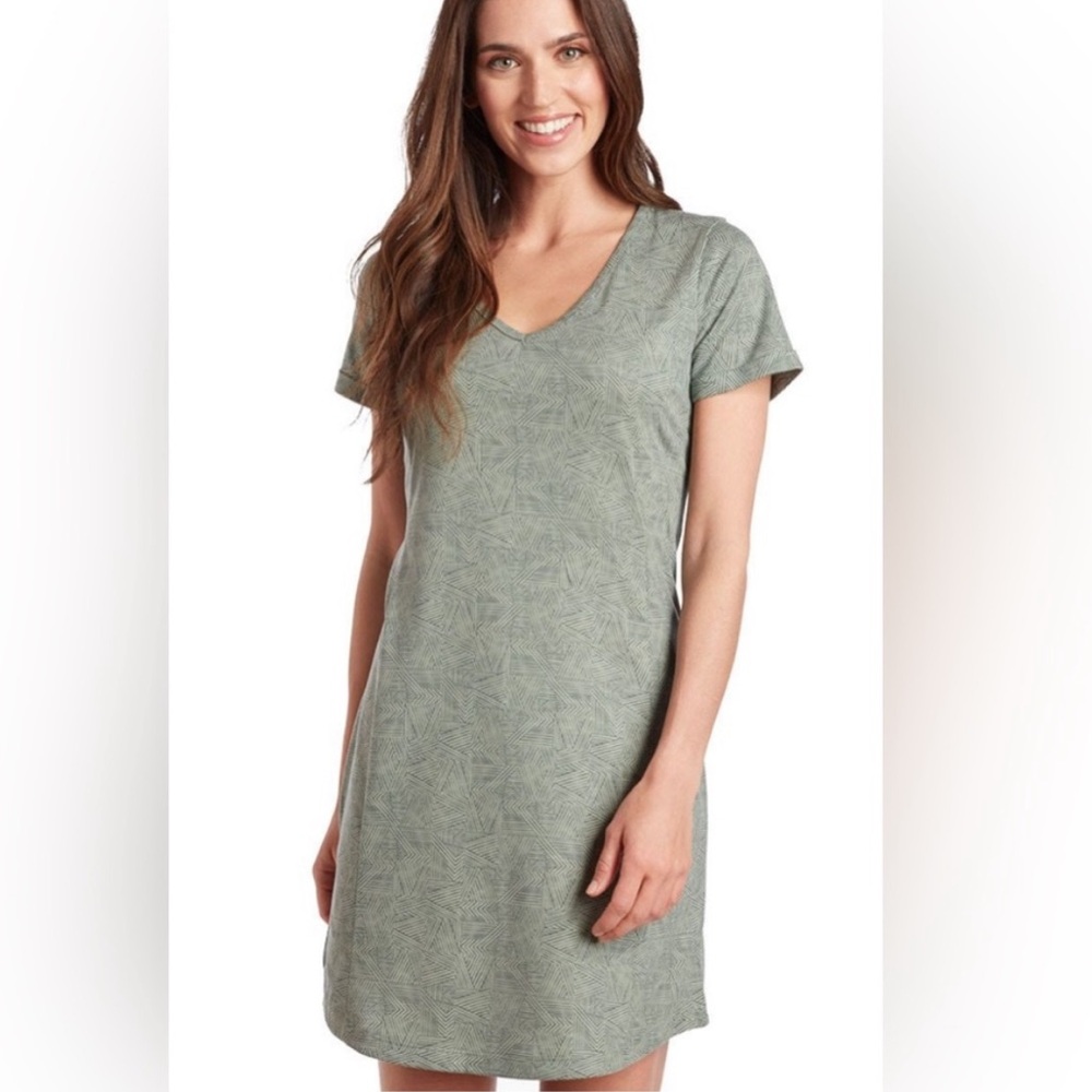 Kuhl Inara V-Neck‎ Short Sleeve Dress Sage Green Pattered Gorpcore Outdoors L